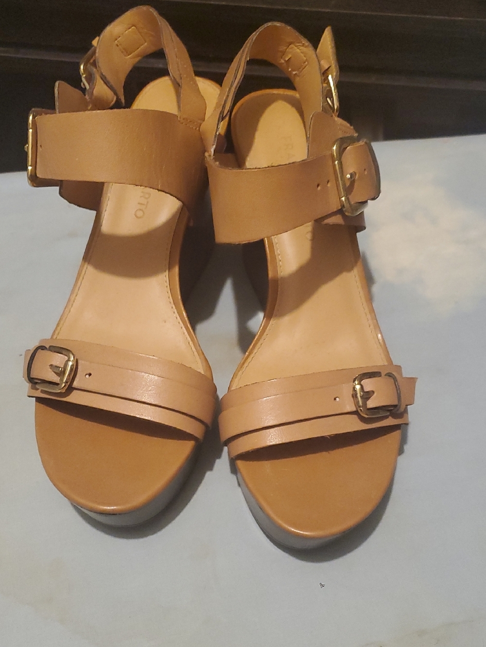 Franco Sarto Tan Leather Buckle Strap Block Heel Sandals
